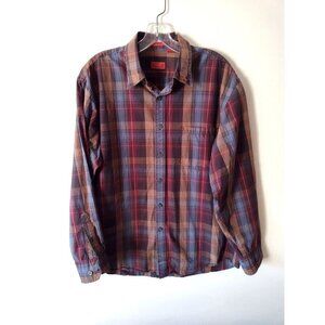 Izod Luxury Sport Vintage Wash Button Up Shirt Sz Large Plaid Brown Long Sleeve